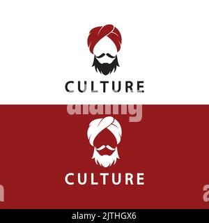Turban Moustache Indien indisches Logo Design Vektor Illustration. Logo eines Männergesichts mit Bart und Hut, typisch für das traditionelle indische Land. Stock Vektor