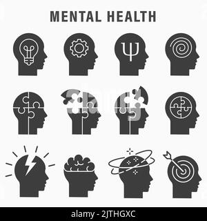 Symbole für die psychische Gesundheit, wie Gehirn, Geist, Angst, Depression und mehr. Vektorgrafik. Stock Vektor