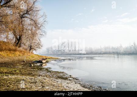 Donauinsel Sodros bei Novi Sad, Serbien. Landschaft mit schneebedeckten Bäumen und gefrorenem Wasser. Stockfoto