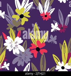 Nahtloses Blumenmuster basierend auf traditionellen Volkskunst-Ornamenten. Bunte Blumen auf farbigem Hintergrund. Skandinavischer Stil. Vektorgrafik. Einfach Stock Vektor