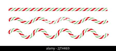 Weihnachts-Zuckerrohr-Wellenlinie mit rot, grün und weiß gestreift. Weihnachtslinie mit gestreiftem Lutscher-Dessin. Weihnachten und Neujahr Element Stock Vektor