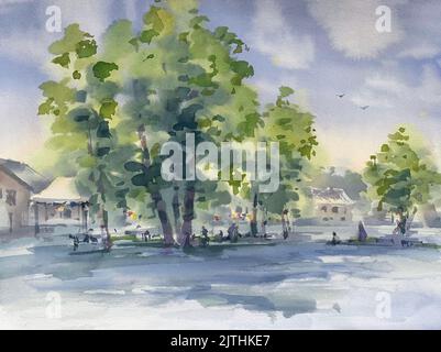 Zagare Stadtplatz im Sommer Aquarell Hintergrund Stockfoto