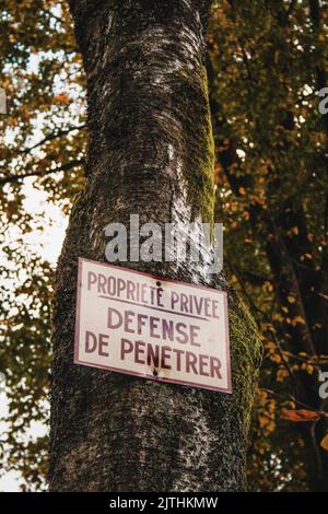 Anmelden ein Baum übersetzen Privateigentum kein Eintrag in französisch Stockfoto