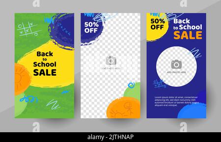 Vorlage für Verkaufsgeschichten in sozialen Medien, bearbeitbarer Beitrag in sozialen Medien. Hintergrund für Social Media zurück zur Schule Verkauf Geschichte Design Vektor. Textvorlagen. Vektorgrafik. Stock Vektor