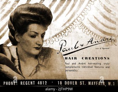 Eine Werbung für Paul Andre Hair Creations „Late of Raymond“ aus dem Jahr 1946 in der Dover Street 18, Mayfair, London Stockfoto