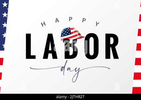 Happy Labor Day USA Zitat und Helm mit Flagge. Urlaub in den Vereinigten Staaten am Montag, 5.. September, Erfolge der amerikanischen Arbeitnehmer. Vektorkarte Stock Vektor