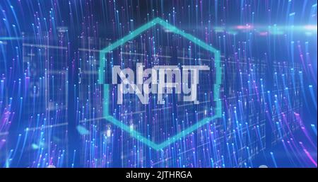 Bild von Lichtspuren über nft-Text mit Datenverarbeitung auf schwarzem Hintergrund Stockfoto