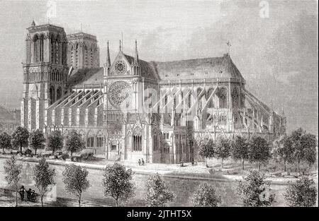 Notre-Dame de Paris, Île de la Cité, Paris, Frankreich, hier im 19.. Jahrhundert vor der Hinzufügung des Turms gesehen. Es wurde zwischen 1163 und 1345 im französischen gotischen Baustil erbaut. Die Architekten Jean-Baptiste Lassus und Eugène Viollet-le-Duc wurden 1844 beauftragt, die Kathedrale nach ihrem Zusammenbruch in den Jahrzehnten nach den Napoleonischen Kriegen wieder zu restaurieren. Aus Les Plus Belles Eglises du Monde, veröffentlicht 1861. Stockfoto
