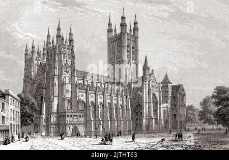 Canterbury Cathedral, Canterbury, Kent, England, hier im 19.. Jahrhundert gesehen. Das 597 gegründete Gebäude wurde zwischen 1070 und 1077 wieder aufgebaut, das östliche Ende wurde zu Beginn des 12.. Jahrhunderts erweitert und nach einem Brand im Jahr 1174 weitgehend im gotischen Stil wieder aufgebaut. Das normannische Kirchenschiff und die Querschiffe überlebten bis zum Ende des 14.. Jahrhunderts, als sie abgerissen wurden, um den heutigen Strukturen Platz zu machen. Aus Les Plus Belles Eglises du Monde, veröffentlicht 1861. Stockfoto