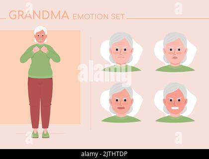 Wütend Oma halb flache Farbe Charakter Emotionen eingestellt Stock Vektor