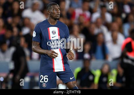 PARIS - Nordi Mukiele Mulere von Paris Saint-Germain während des Spiels der französischen Ligue 1 zwischen Paris Saint-Germain und AS Monaco am 28. August 2022 im Parc des Princes in Paris, Frankreich. ANP | Dutch Height | GERRIT AUS KÖLN Stockfoto