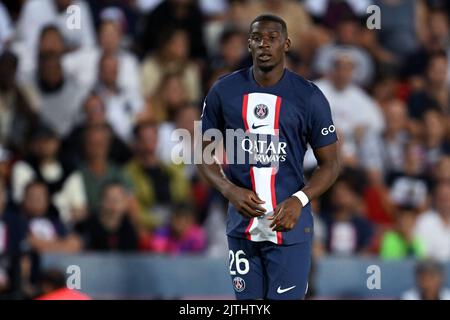 PARIS - Nordi Mukiele Mulere von Paris Saint-Germain während des Spiels der französischen Ligue 1 zwischen Paris Saint-Germain und AS Monaco am 28. August 2022 im Parc des Princes in Paris, Frankreich. ANP | Dutch Height | GERRIT AUS KÖLN Stockfoto