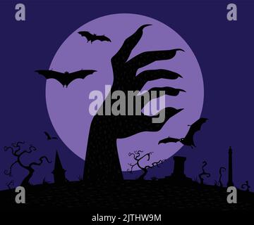 Eine gruselige Halloween-Landschaft mit einem Friedhof fliegenden Fledermäusen und einer Hand gegen den Vollmond Stock Vektor