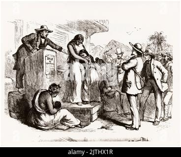 Sklavenauktion: Frau und Kind werden während der Sklavenhandelsjahre auf einem Sklavenmarkt in Amerika versteigert, Druck vor 1899 Stockfoto