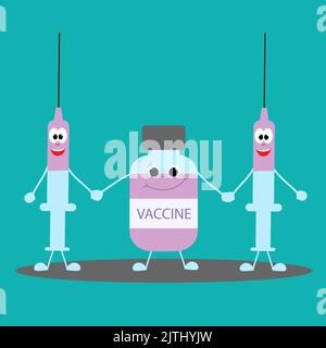 Cute Cartoon-Impfstoff und Spritze. Impfung. COVID 19. Stock Vektor