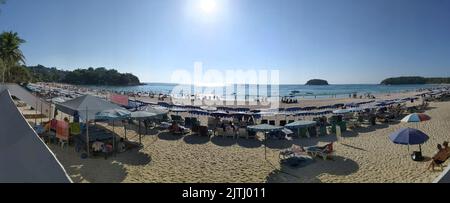 Panorama mit Liegestühlen und Sonnenschirmen am Sandstrand von Kata Beach, Phuket, Thailand Stockfoto