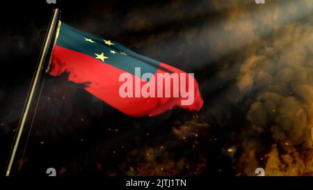 Weicher Fokus Samoa-Flagge auf Rauch mit Sonnenstrahlen Hintergrund - Cataclysm Konzept - abstraktes 3D Rendering Stockfoto