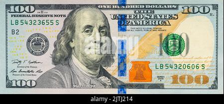 Großes Fragment einer 100-Dollar-Banknote. Alte amerikanische Geldnote, Vintage Retro, usd Stockfoto