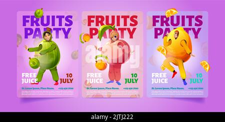 Set von Cartoon Früchte Party Poster Vorlagen. Vektor-Illustration von bunten Flyern mit glücklichen jungen Menschen tragen lustige Stachelbeere, Pfirsich, Zitrone Kostüme. Einladung zur Sommerunterhaltung Stock Vektor