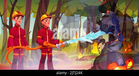 Karikatur-Feuerwehrmänner löschen Wildfeuer. Vektor-Design von tapferen Feuerwehrmann Zeichen tragen Schutzuniform und Helme Sprühen Wasserschlauch auf Flamme brennen im Wald. Banner für Picknick-Sicherheitsregeln Stock Vektor