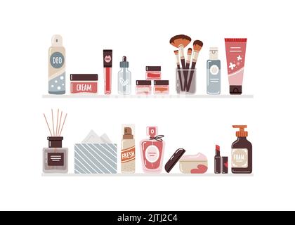 Kosmetik und Schönheitspflege für Frauen auf Badezimmerregal.flache Abbildung Stock Vektor