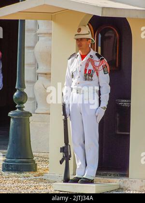 Soldaten führen die Wachablösung am Palast von Monaco durch. Stockfoto