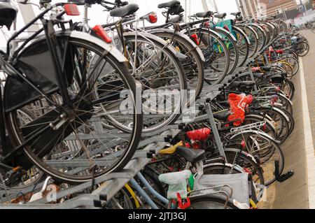 Viele abgestellte Fahrräder in Delft, Niederlande Stockfoto