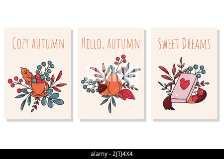 Set Herbstkarten mit Inschriften. Gemütlicher Herbst, süße Träume, hallo-Herbstschrift. Herbstpostkarten mit Laub, Kürbis, Beeren, Buch und Tee vec Stock Vektor