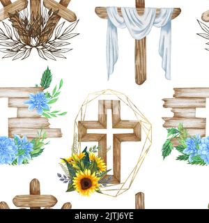 Aquarell-Blumenkreuz, Holzkreuz, Taufe, Nahtlose Blumenmuster. Erstkommunion, Heiliger Geist, Blumenarrangements, Osterkreuz. Stockfoto