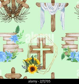 Aquarell-Blumenkreuz, Holzkreuz, Taufe, Nahtlose Blumenmuster. Erstkommunion, Heiliger Geist, Blumenarrangements, Osterkreuz. Stockfoto
