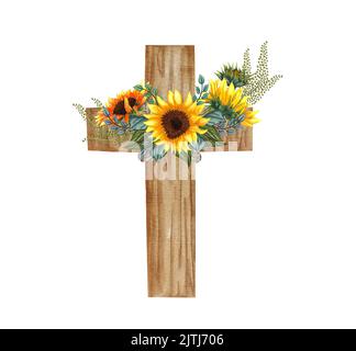 Sonnenblumen-Blumenkreuz. Osterdarstellung. Wasserfarbenes Hochzeitskreuz. Taufe Stockfoto