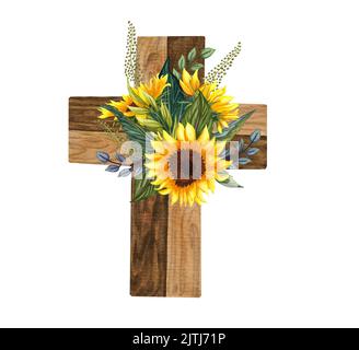 Sonnenblumen-Blumenkreuz. Osterdarstellung. Wasserfarbenes Hochzeitskreuz. Taufe Stockfoto