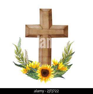 Sonnenblumen-Blumenkreuz. Osterdarstellung. Wasserfarbenes Hochzeitskreuz. Taufe Stockfoto