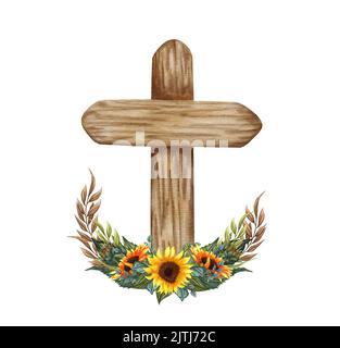 Sonnenblumen-Blumenkreuz. Osterdarstellung. Wasserfarbenes Hochzeitskreuz. Taufe Stockfoto