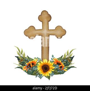 Sonnenblumen-Blumenkreuz. Osterdarstellung. Wasserfarbenes Hochzeitskreuz. Taufe Stockfoto