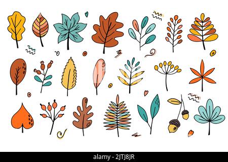 Set aus Herbstblättern im Doodle-Stil. Hallo, Herbst. Isolierter Illustrationsvektor Stock Vektor