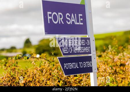 Immobilienmakler Zeichen am Ende einer ländlichen Gasse, Werbung für ein 2-Zimmer-Haus, das renoviert werden muss, und mit Potenzial zu erweitern. Stockfoto