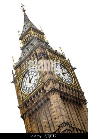 Der prunkvolle Uhrenturm, der den Big Ben in London, England, Großbritannien beherbergt, ist auf weißem Hintergrund isoliert, mit einem Schnittpfadkonzept für Britis Stockfoto