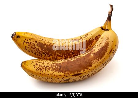 Zwei zerknittert alte Bananen mit braunen Flecken isoliert auf weißem Hintergrund mit Clipping Pfad Ausschnitt Konzept für getupft über reifen tropischen Früchten, natürlich Stockfoto