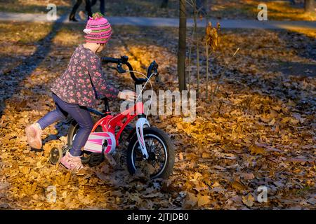 Joy Kind mit einem rosa Fahrrad im Herbstpark und hellen bunten Laub Stockfoto