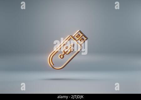 Schönes schwarzes Pendrive-Gerät mit gelben Licht-Symbol-Symbolen auf blauem Hintergrund. 3D Rendering-Illustration. Hintergrundmuster für Design. Stockfoto