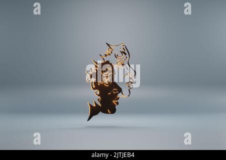 Schöne schwarze Sternzeichen Zwillinge mit gelben Licht Symbol-Symbole auf einem blauen Hintergrund. 3D Rendering-Illustration. Hintergrundmuster für Design. Stockfoto