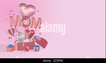 3D Rendern gerenderte Geschenkboxen Herz Ballons Band Bögen Ballon Mama Text geeignet für Muttertag oder Geburtstag Stockfoto
