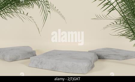 Stone Rock Produkt Display Podium Palm Natur Blätter auf braunem beigen Hintergrund. 3D Rendern Stockfoto