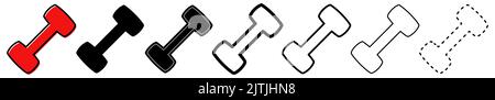Kurzhantel-Symbol. Set von verschiedenen Symbolen der Kurzhantel. Vektorgrafik. Kurzhanteln für eine Sporthalle. Schwarzes Schild Stock Vektor
