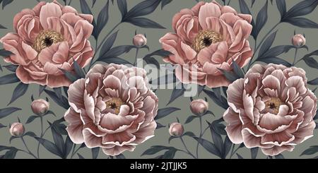 Nahtloses Blumenmuster. Botanische Tapete mit realistischen Pfingstrosen, dunkler Hintergrund. Vintage handgezeichnete Blumen, Knospen, Blätter für Tapeten, Stoffe Stockfoto