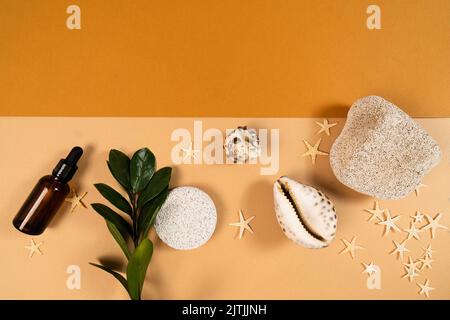 Bimsstein, Muscheln und grüne Blätter, Seesterne auf hellbraunem und orangefarbenem Hintergrund für Ihr Öko-Design, Kosmetik, Reisen, Wohnkultur. Flach liegend. Stockfoto