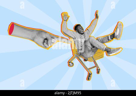 Poster Collage von Mann in Trolley schwarz und weiß isoliert auf Zeichnung blauen Hintergrund Stockfoto