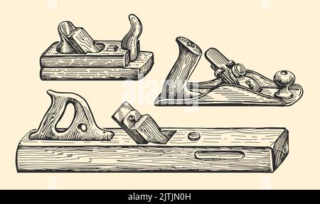 Handjointer im Sketch Vintage Stil. Holzbearbeitung, Tischlerwerkzeug Vektorgrafik. Zimmerei, Holzarbeiten Konzept Stock Vektor