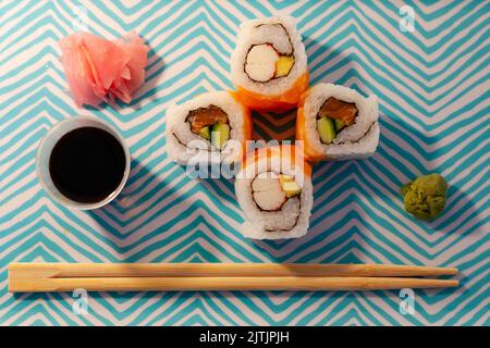 Nahaufnahme von Sushi. Stockfoto